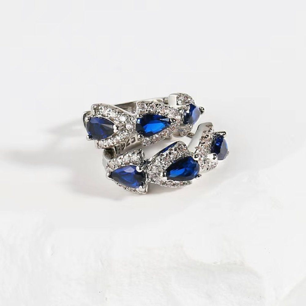 Small Huggie Earrings Silver Tone with Blue Stones #649